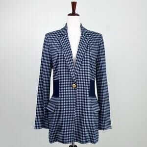 Cabi Navy Blue Check Plaid Knit Waist Longline Soft Knit Blazer Jacket Medium